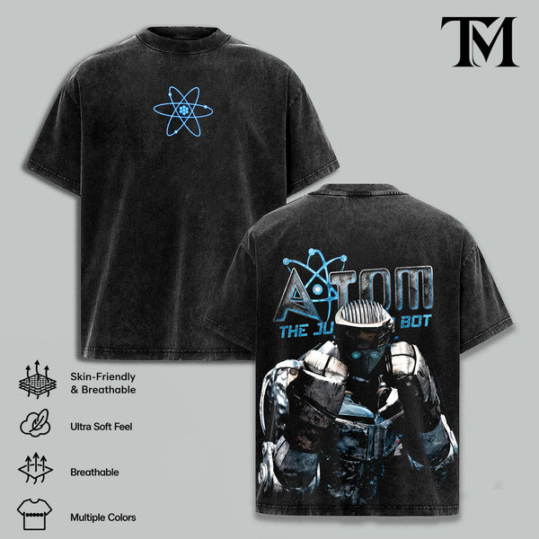 Real Steel Atom Graphic Tee, Apparel with Double Print, Oversize Lightweight Acid-Washed Cotton, Casual Classic Seamless Shortsleeve Movies Films Streetwear Top Gift for movie fans