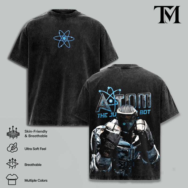 Real Steel Atom Graphic Tee, Apparel with Double Print, Oversize Lightweight Acid-Washed Cotton, Casual Classic Seamless Shortsleeve Movies Films Streetwear Top Gift for movie fans