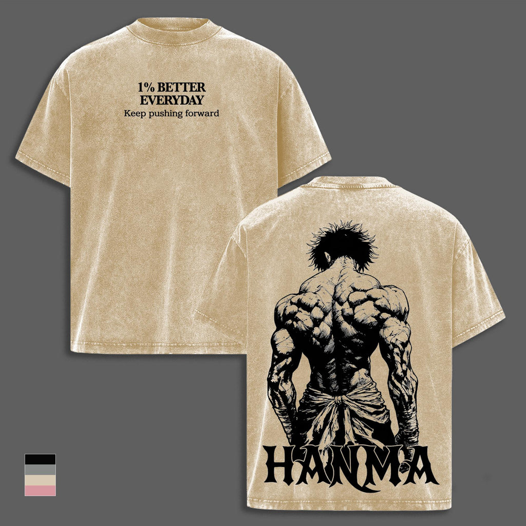 Baki Hanma Anime Gym Tee, 1% Better Every Day Workout Graphic T-Shirt, Vintage Washed Oversized Pump Cover, Heavyweight Cotton Muscle Training Streetwear Shirt, Fitness Tank Unisex Fan Gift Gym Merch