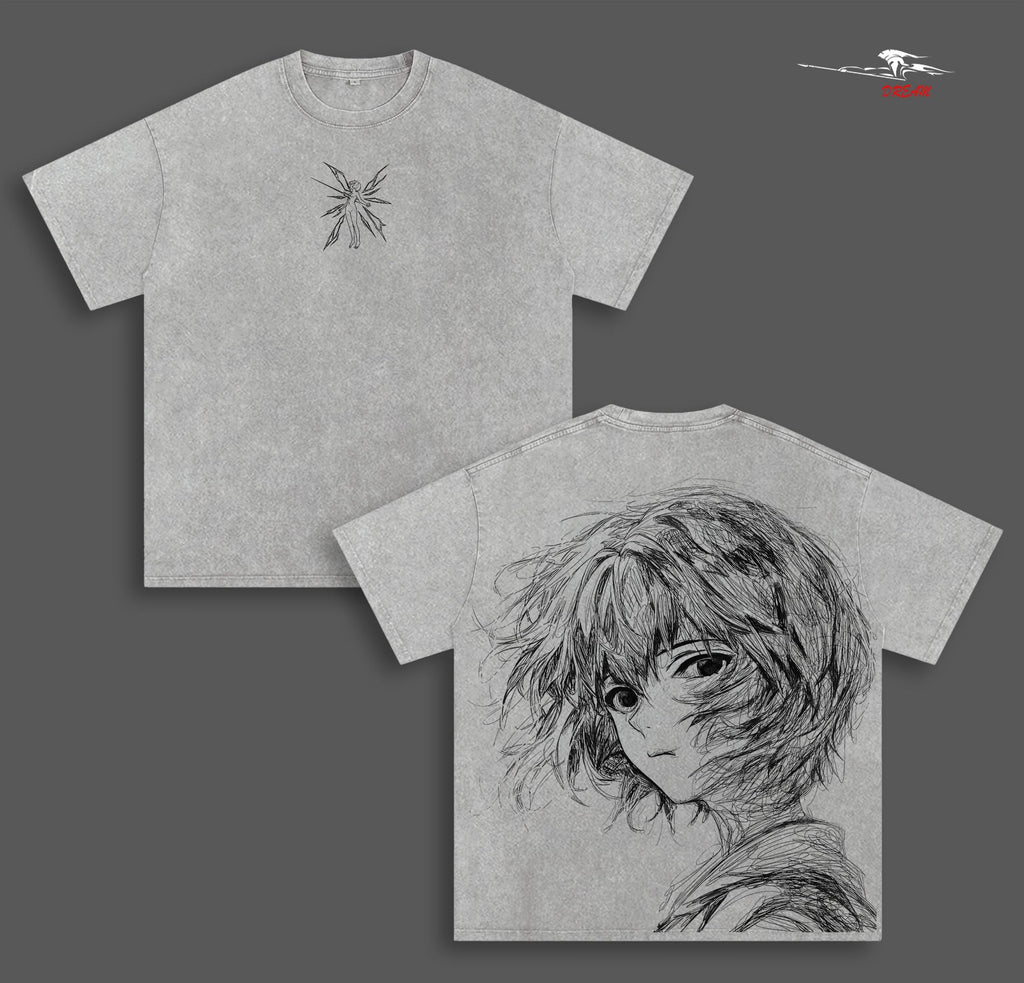 Rei Ayanami Neon Genesis Evangelion Anime Double Printed Vintage Washed Tee Unisex Oversize Anime Manga Washed Heavyweight Cotton T-shirt