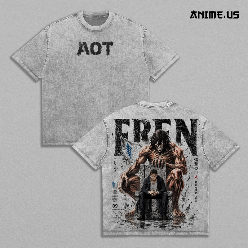 Eren Yeager Attack Titan Final Battle Attack on Titan Anime Graphic Tee Vintage Washed Oversized T-Shirt Titan Manga Art Heavyweight Cotton Streetwear Back Print Shirt