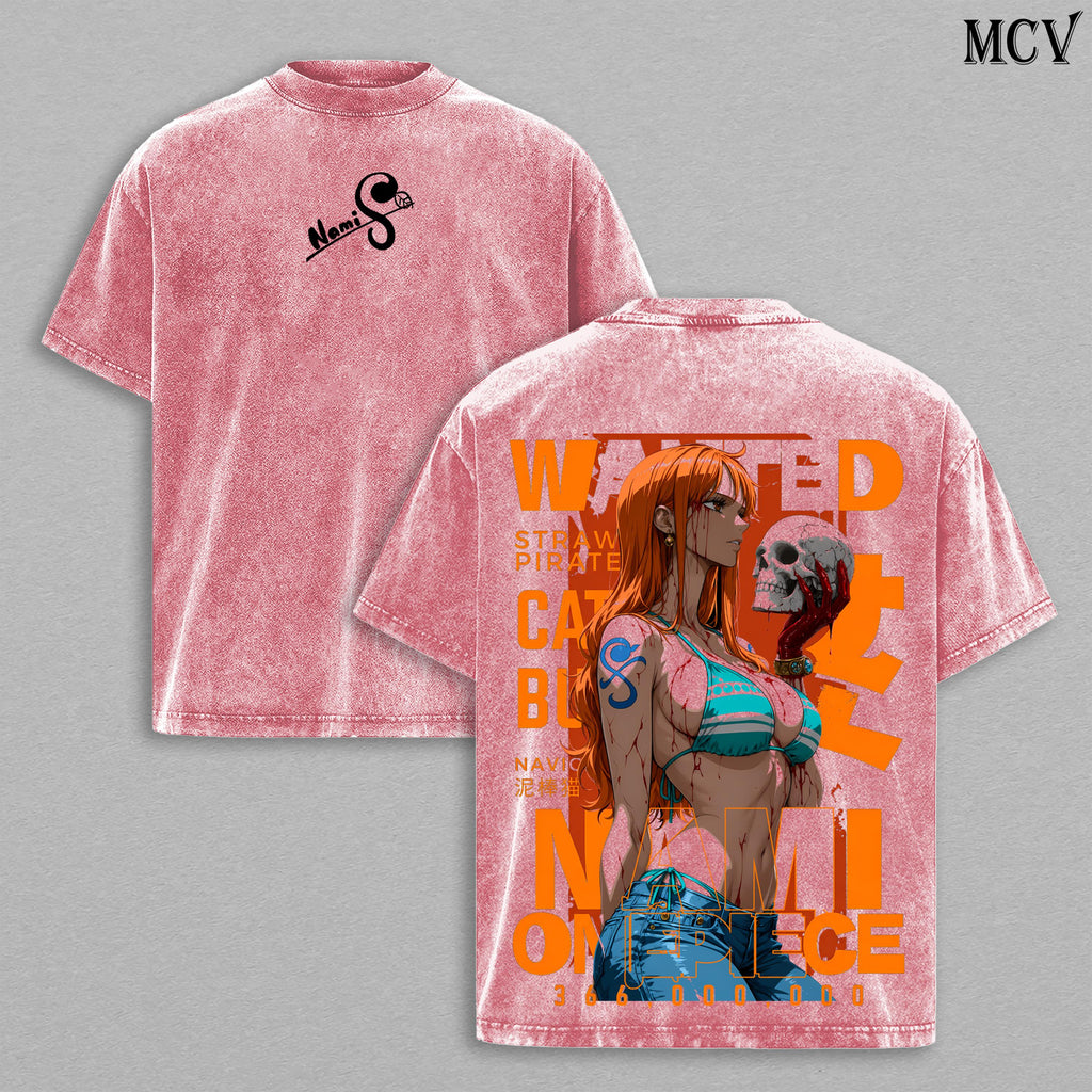 Nami Washed Tee – OnePiec Anime Manga Lightning Girl Graphic Double Printed T-Shirt, Menswear Heavy Cotton Unisex Oversize Vintage Streetwear