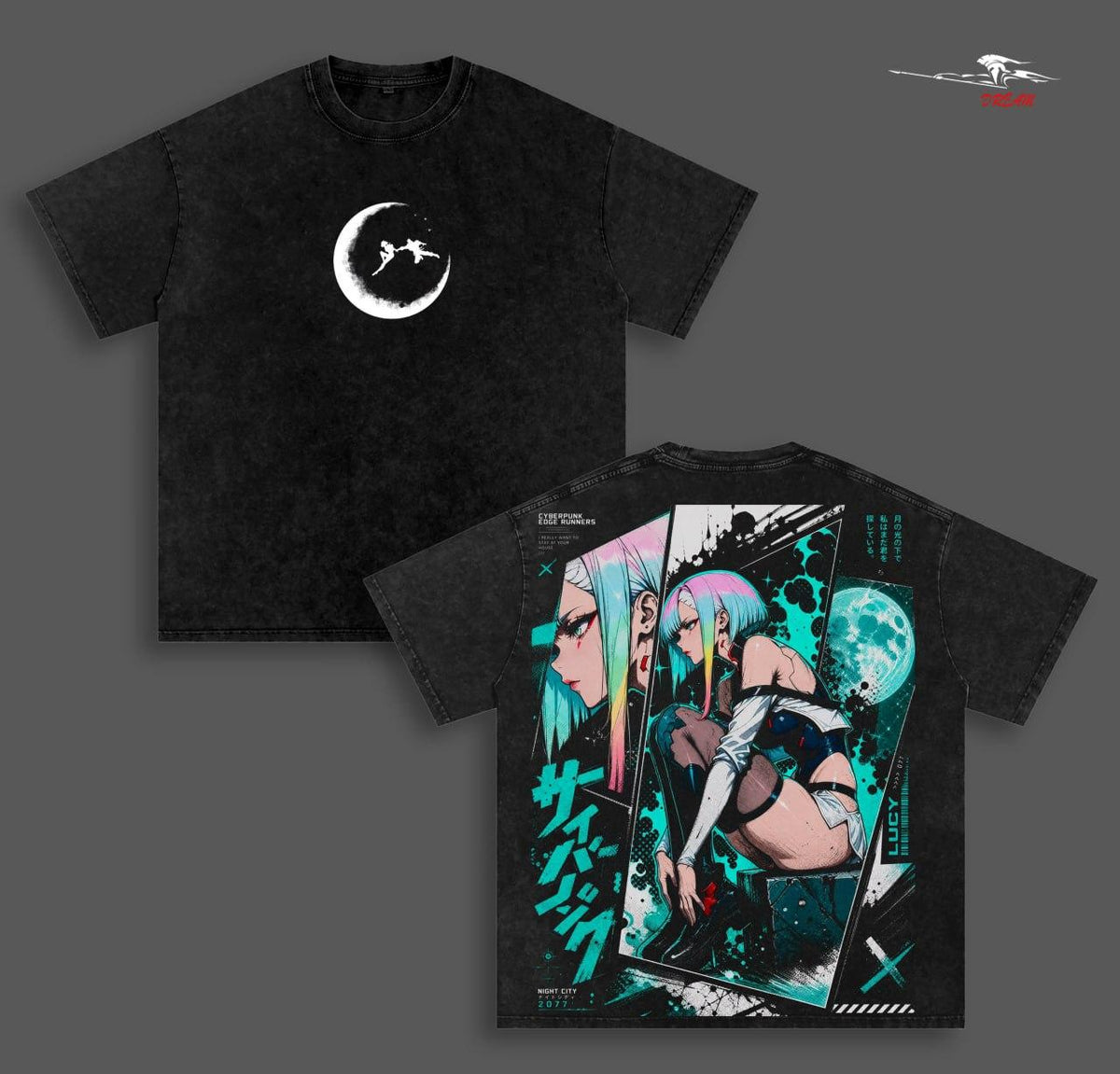 Cyberpunk V2 Anime Double Printed Vintage Washed Tee Unisex Oversize Heavyweight Cotton T-shirt for Anime Fans and Lovers