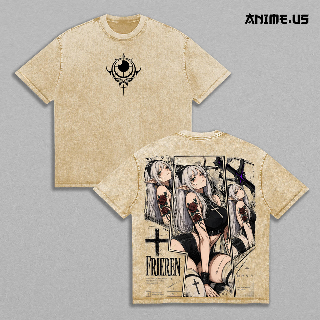 Frieren Gothic Vintage Washed T-Shirt, Beyond Journey's End Anime Graphic Tee, Dark Fantasy Elf Waifu Gym Pump Cover Oversized Back Print Heavy Cotton Streetwear Shirt