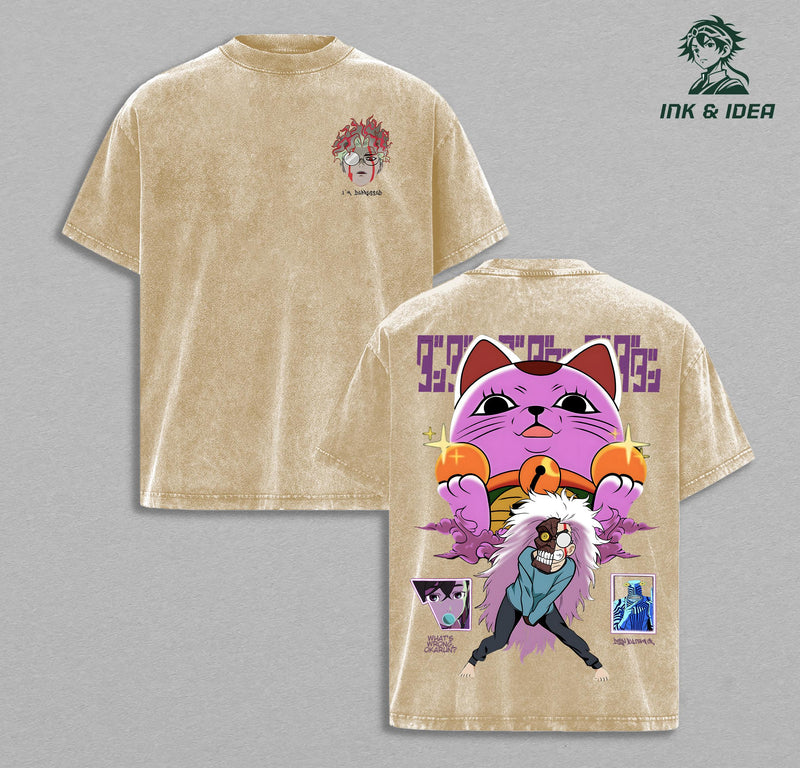 Dandadan Turbo Granny Vintage Washed T-Shirt, Retro Monster Lucky Cat Anime Tee, Oversized Paranormal Streetwear Heavy Cotton Graphic Top