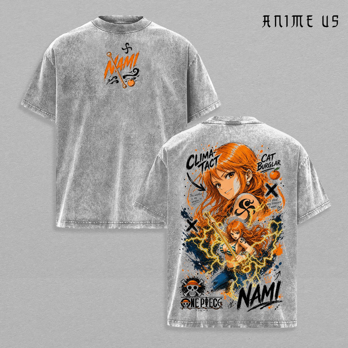 Nami Vintage Washed T-Shirt OP Anime Graphic Tee Oversized Streetwear Shirt Cat Burglar Manga Fan Gift Unisex Clothing