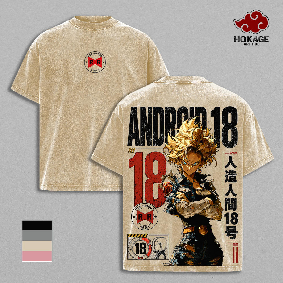 Android 18 DBZ Vintage Washed Oversized T-Shirt, Red Ribbon Army Double Printed Anime Graphic Tee, Heavyweight Cotton Manga Streetwear, Retro Gamer Shirt