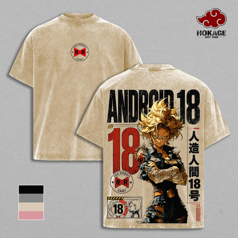 Android 18 DBZ Vintage Washed Oversized T-Shirt, Red Ribbon Army Double Printed Anime Graphic Tee, Heavyweight Cotton Manga Streetwear, Retro Gamer Shirt