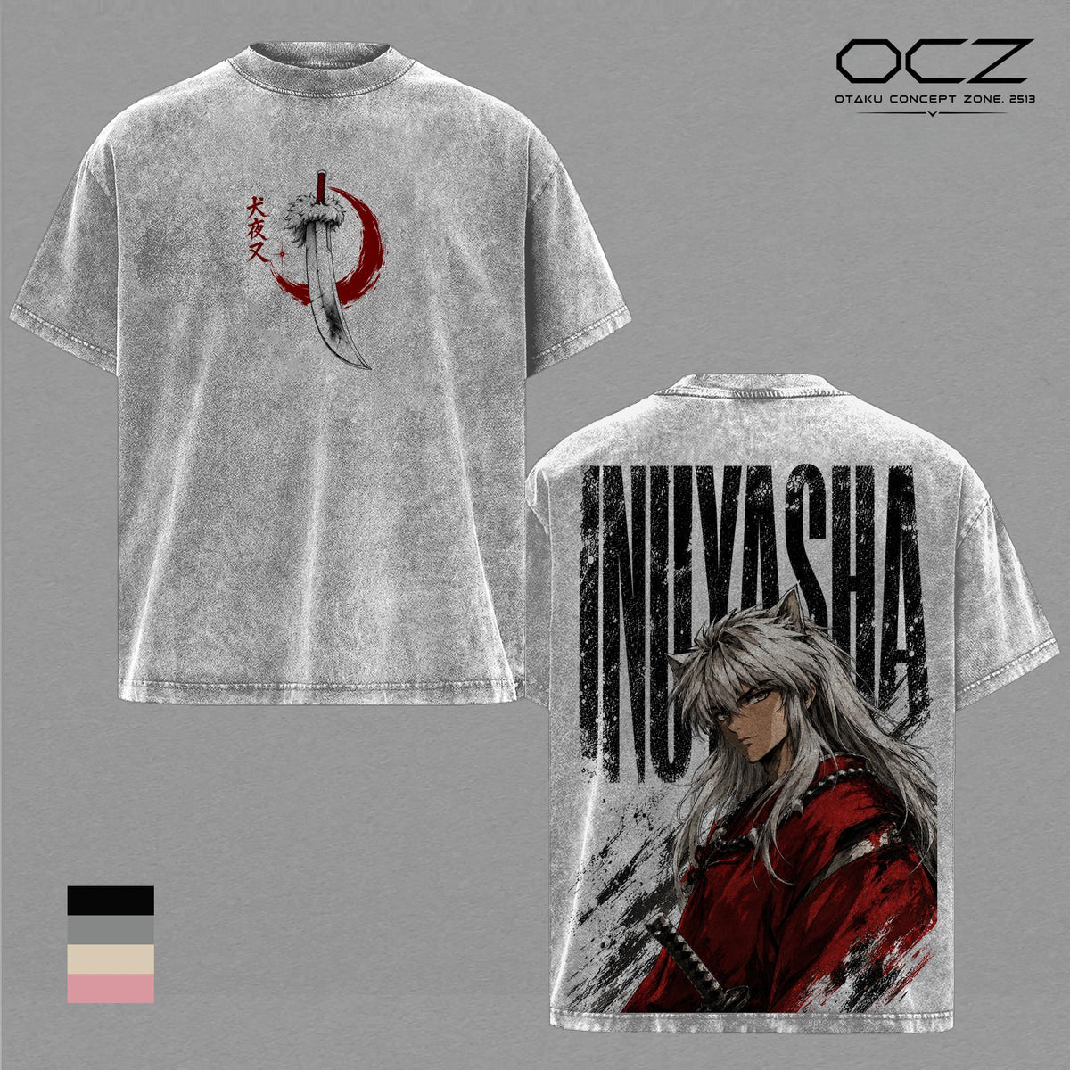 Inuyasha Vintage Washed T-Shirt, Half Demon Anime Graphic Tee, Tessaiga Sword Double Sided Print, Heavyweight Cotton Oversized Manga Streetwear Shirt