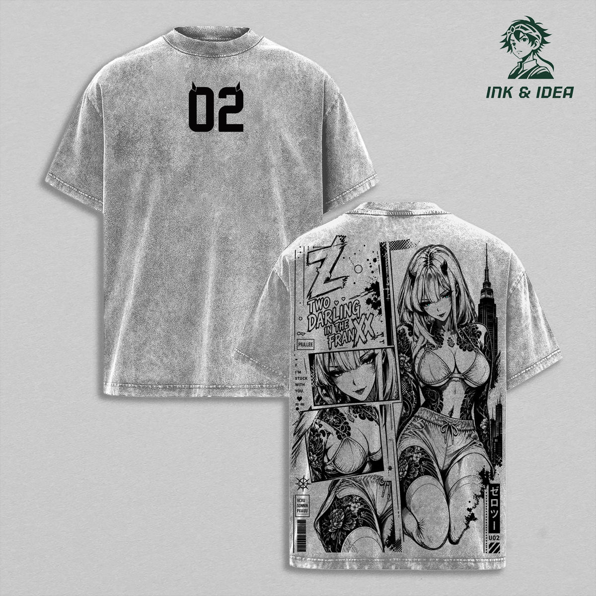 Zero Two Vintage Washed Gym T-Shirt, Darling in the Franxx 02 Graphic Tee, Anime Girl Oversized Heavy Cotton Gym Shirt, Retro Manga Unisex Streetwear