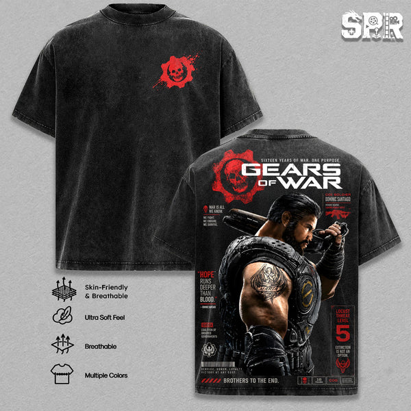 Gears of War V.1 Graphic Tee Marcus Fenix Vintage Washed Shirt Unisex Streetwear Gamer Merch Lancer Assault Tee Dominic Santiago T-Shirt Gift for Gaming Lovers Gears of War Fans