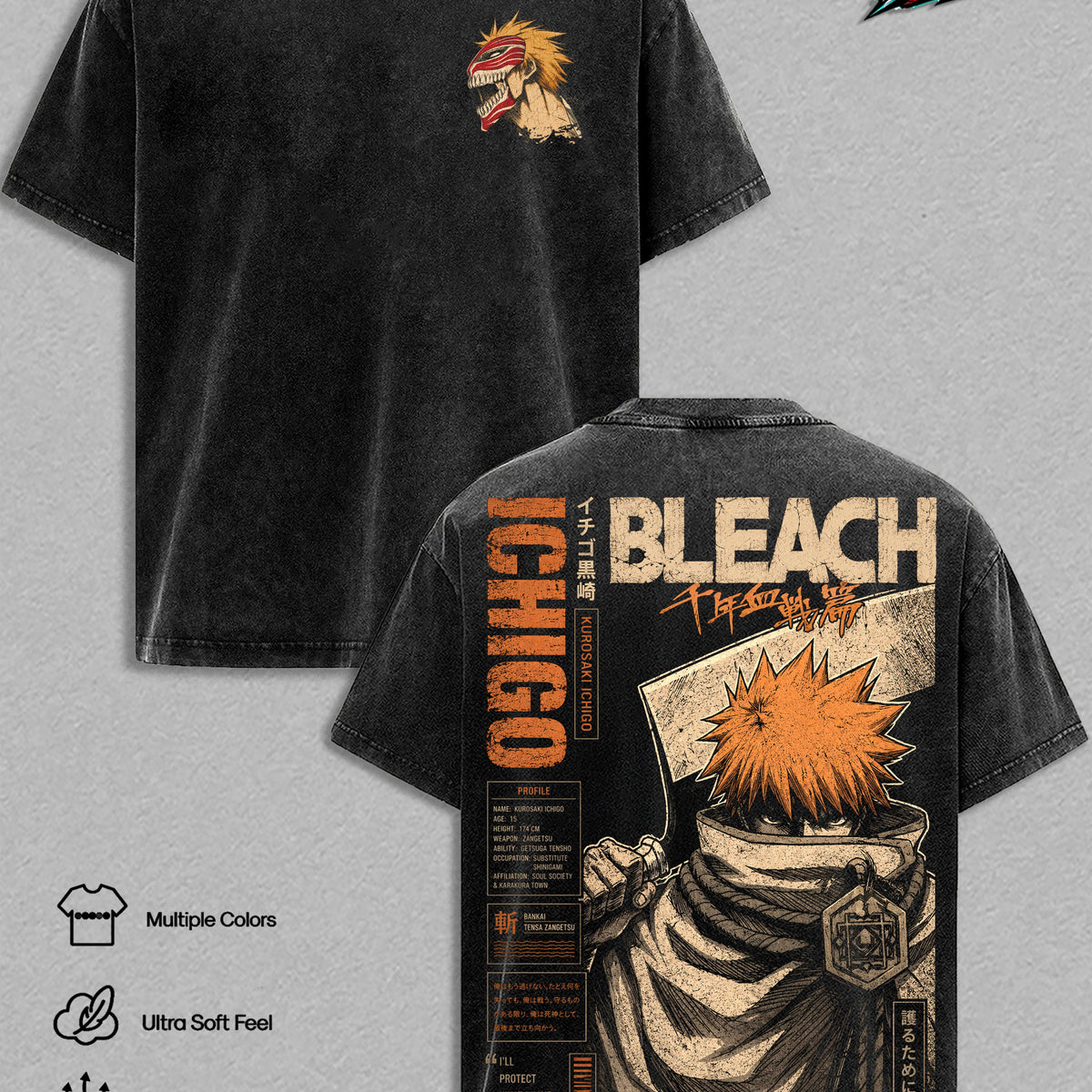 Ichigo Kurosaki Vintage Washed Graphic T Shirt - Heavyweight 260 GSM Cotton Tee, Oversized Anime Streetwear Top Shirt, Bankai Tensa Zangetsu Soul Reaper Tee, Gift for Bleach Fans Men Women