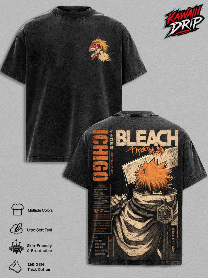 Ichigo Kurosaki Vintage Washed Graphic T Shirt - Heavyweight 260 GSM Cotton Tee, Oversized Anime Streetwear Top Shirt, Bankai Tensa Zangetsu Soul Reaper Tee, Gift for Bleach Fans Men Women