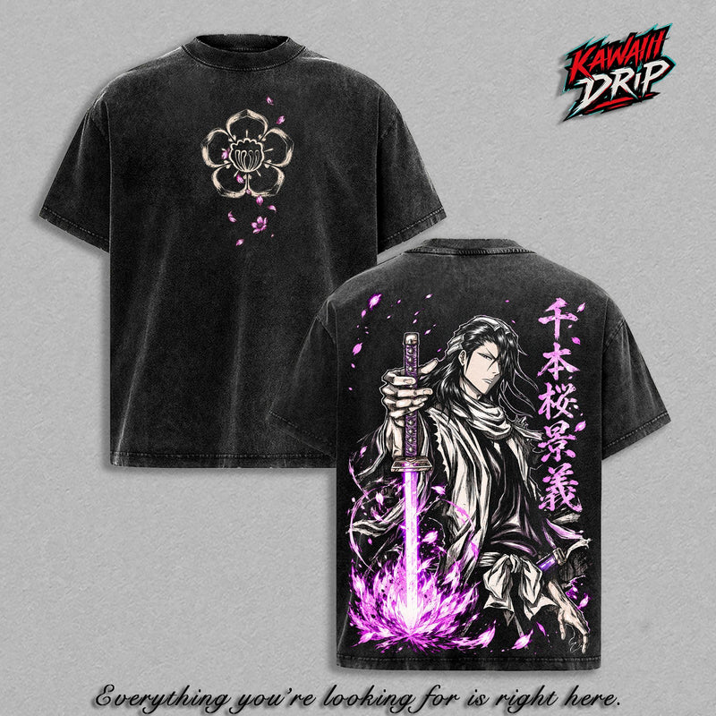 Byakuya Kuchiki Bleach TYBW Anime Double Printed Vintage Washed Tee Unisex Oversize Heavyweight Cotton T-Shirt