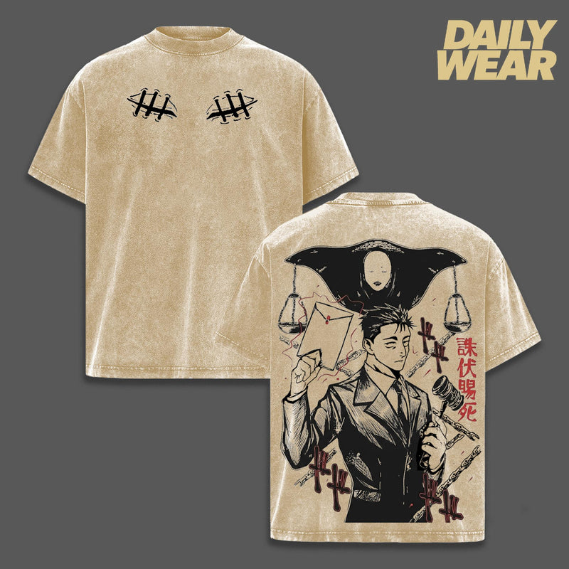 Hiromi Higuruma Vintage Washed Oversized T-Shirt, Jujutsu Kaisen Defense Attorney Sorcerer Graphic Tee, Unisex Streetwear Anime Soft Cotton Top Outfit for Men, Casual Menswear Gift for JJK Fans