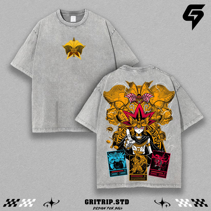 Yami Yugi Duel Monsters Oversized Tee | Yu-Gi-Oh Anime Double Printed Washed Shirt | Unisex Manga Washed Heavyweight Cotton | Egyptian God Cards Vintage Top | Dark Magician Pharaoh Aesthetic Streetwear