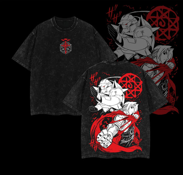 Alphonse Elric x Fullmetal Alchemist Brotherhood Anime Tee Vintage Washed T-Shirt – FMA Alchemy Symbol Graphic Tee for Anime Fans Outfits Men