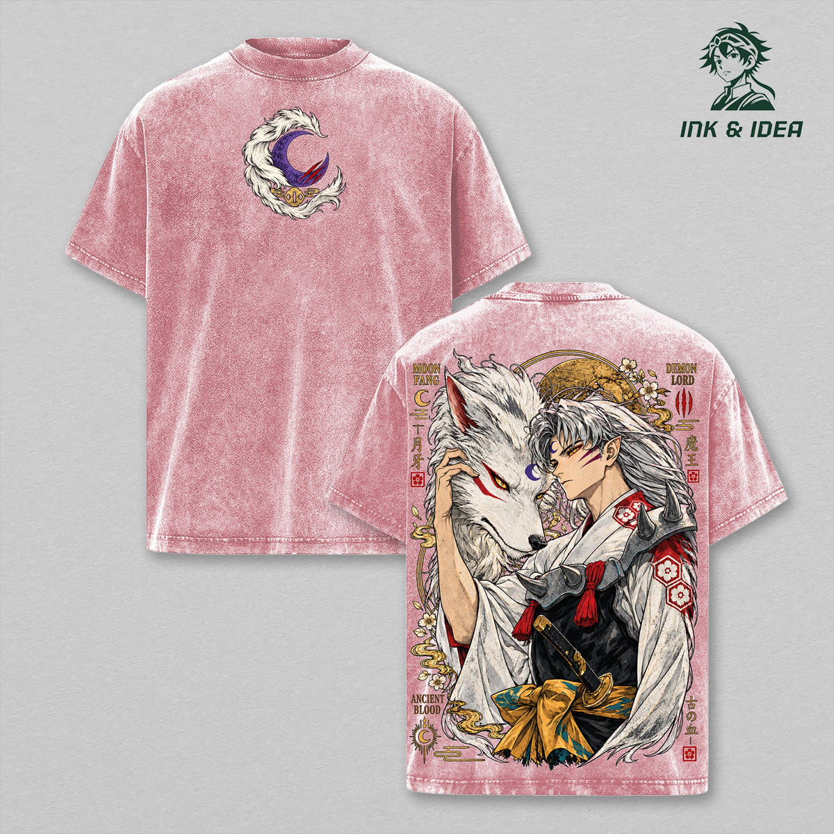 Sesshomaru Inuyasha Vintage Washed Gym T-Shirt, Demon Lord Moon Fang Double Sided Anime Graphic Tee, Oversized Heavyweight Cotton Fantasy Manga Streetwear, Unisex Fan Gift