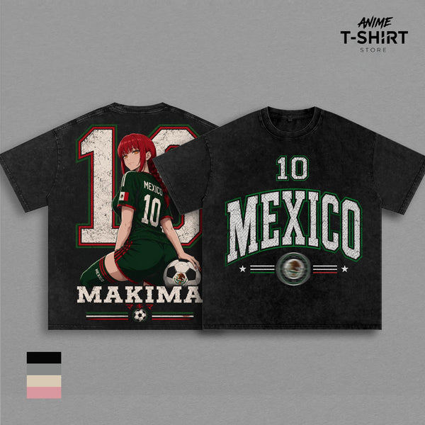 Mexico World Football Tour 2026 X Makima Chainsaw Man Vintage Washed Anime Soccer T Shirt, Retro Futbol Graphic Tee, Oversized Heavyweight Cotton Streetwear, Football Fan Shirt, Sports Aesthetic Gift Merch Apparel