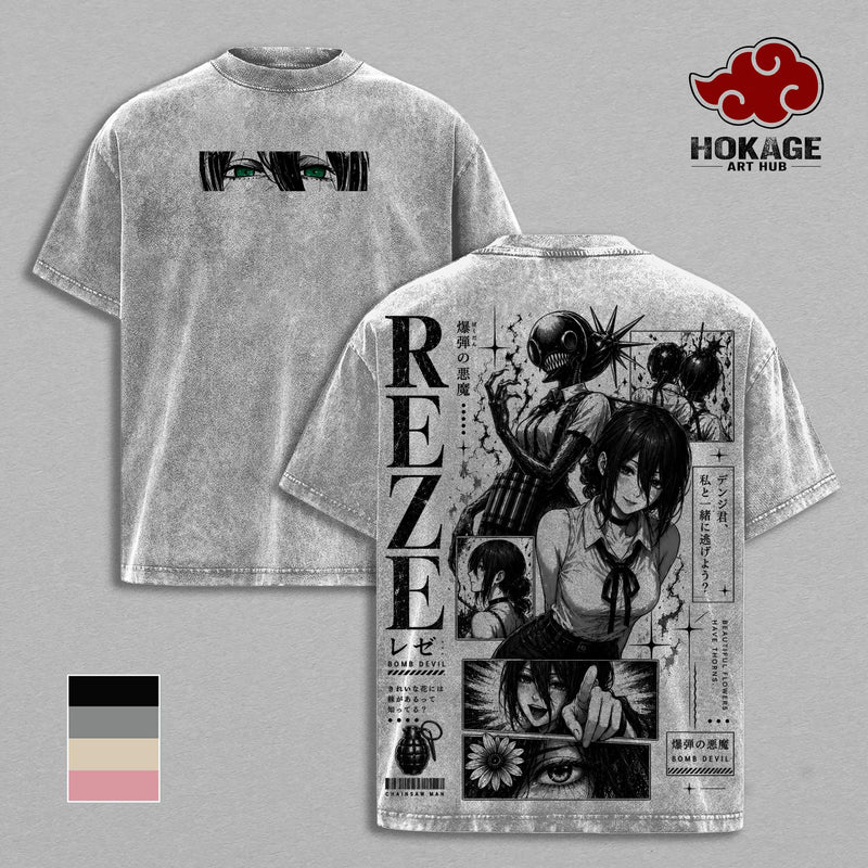 Reze Chainsaw Man T-Shirt, Bomb Devil Anime Graphic Tee, Back Print Vintage Manga Shirt, Graphic Tees Men, Trendy Tshirts, Men's T Shirts, Chainsaw Man Streetwear, Unisex Cotton Distressed Tee, Merch For Men