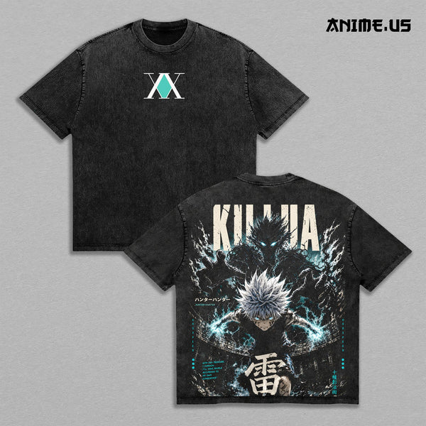 Killua Zoldyck Hunter x Hunter Zoldyck Prodigy Anime Graphic Vintage Shirt, Godspeed Assassin Lightning Nen Electric Aura Heavyweight Cotton Double Printed Tee