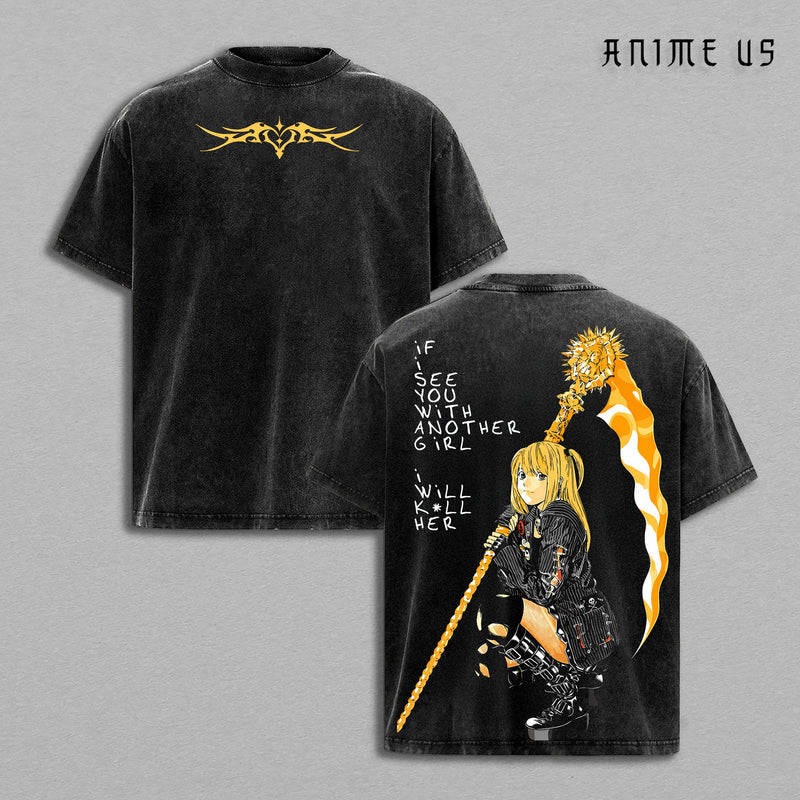 Misa Amane Death Note Double Printed Vintage Tee, Yandere Queen Scythe Heart Emo Anime Graphic Shirt Heavyweight Cotton Unisex Streetwear