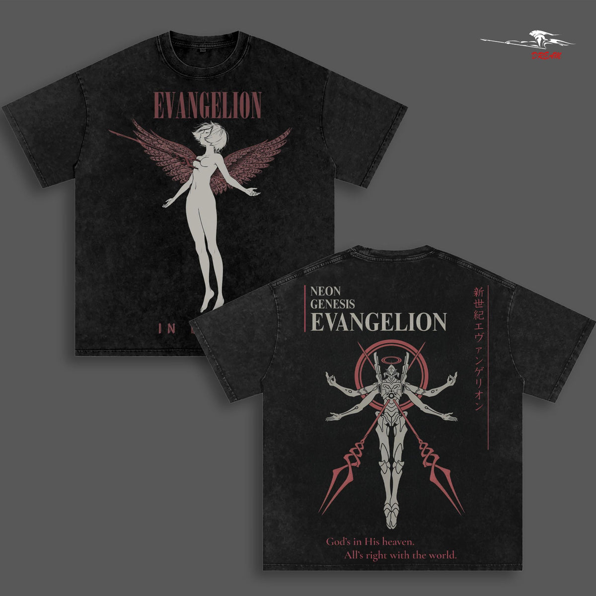 Neon Genesis Evangelion Anime Double Printed Vintage Washed Tee Unisex Oversize Anime Manga Washed Heavyweight Cotton T-shirt