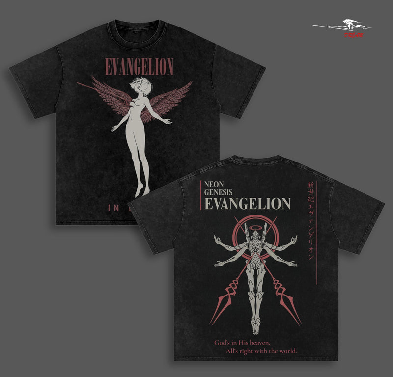 Neon Genesis Evangelion Anime Double Printed Vintage Washed Tee Unisex Oversize Anime Manga Washed Heavyweight Cotton T-shirt