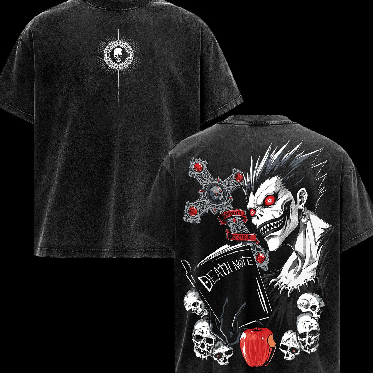 Death Note Ryuk Vintage Washed Shirt, Double Sided Shinigami Anime Graphic Tee, Soft Cotton Oversized Casual Menswear Top