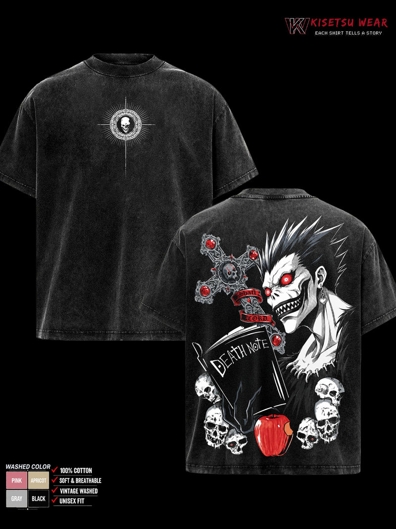 Death Note Ryuk Vintage Washed Shirt, Double Sided Shinigami Anime Graphic Tee, Soft Cotton Oversized Casual Menswear Top