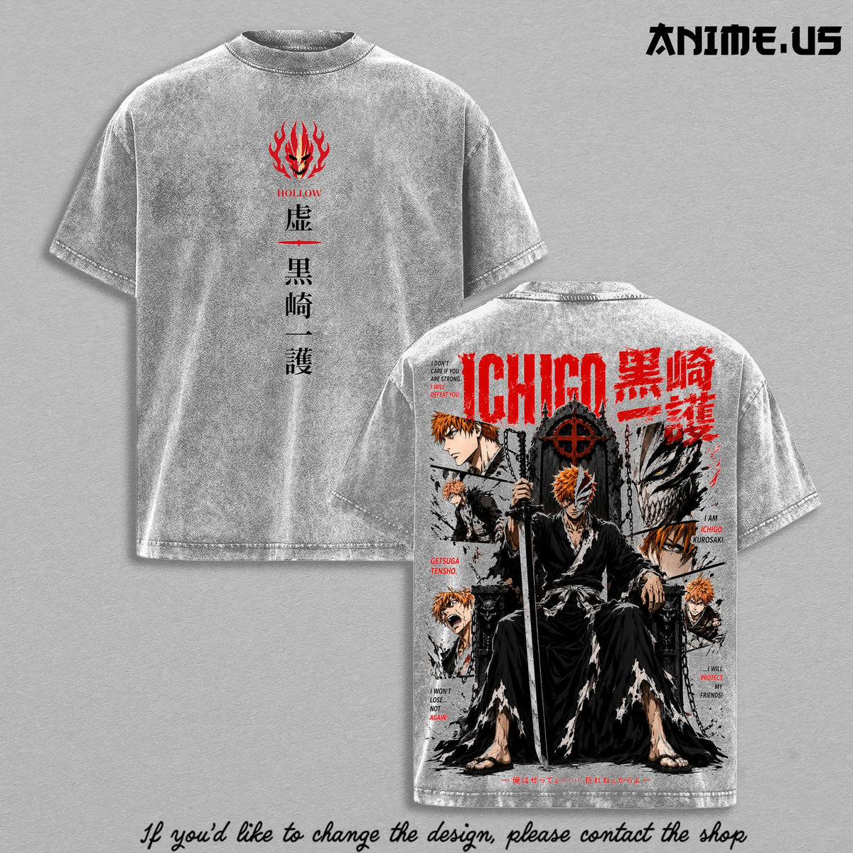Ichigo Kurosaki Bleach T-Shirt, Hollow Form Getsuga Tensho Anime Graphic Tee, Vintage Washed Heavyweight Shirt, Anime Streetwear