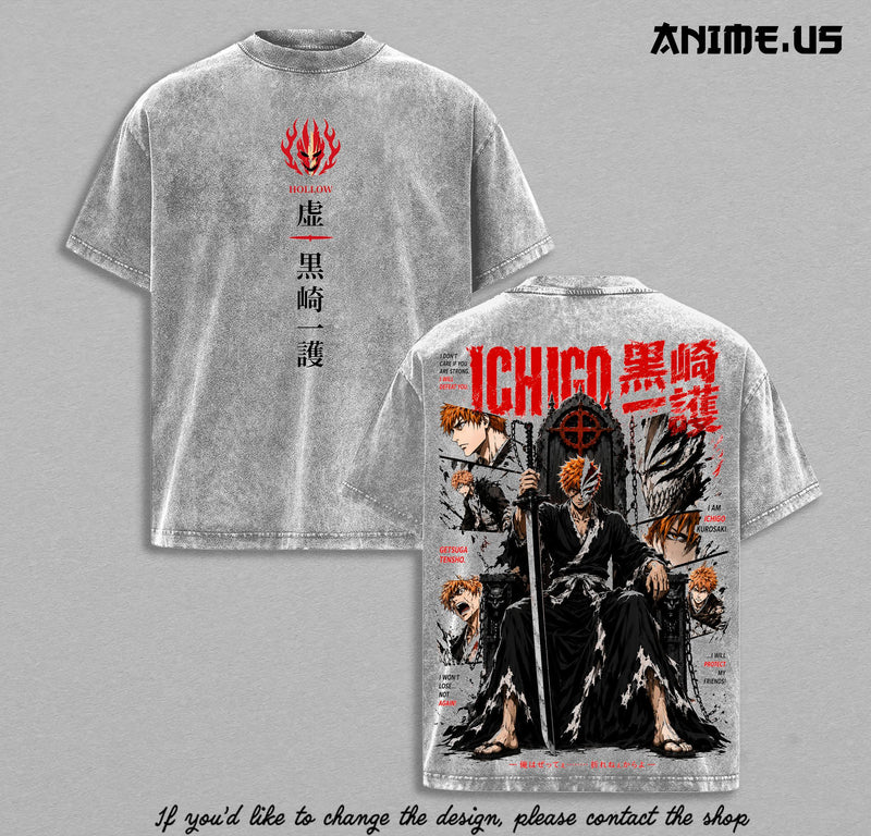 Ichigo Kurosaki Bleach T-Shirt, Hollow Form Getsuga Tensho Anime Graphic Tee, Vintage Washed Heavyweight Shirt, Anime Streetwear
