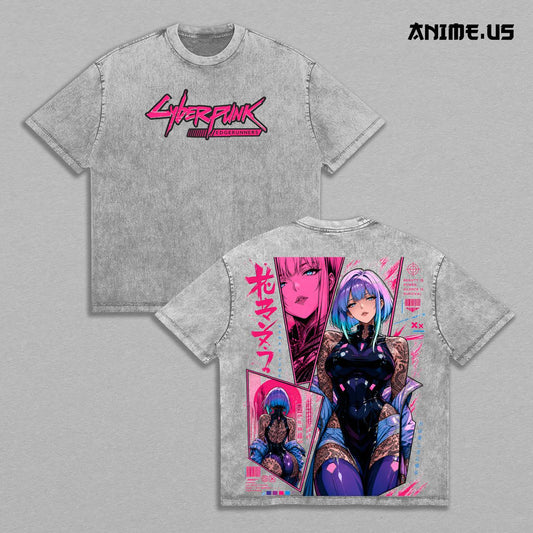 Lucy Cyberpunk Edgerunners Night City Outsider Double Printed Vintage Tee, Futuristic Netrunner Freedom Rebel Energy Anime Graphic Shirt Casual Streetwear Apparel