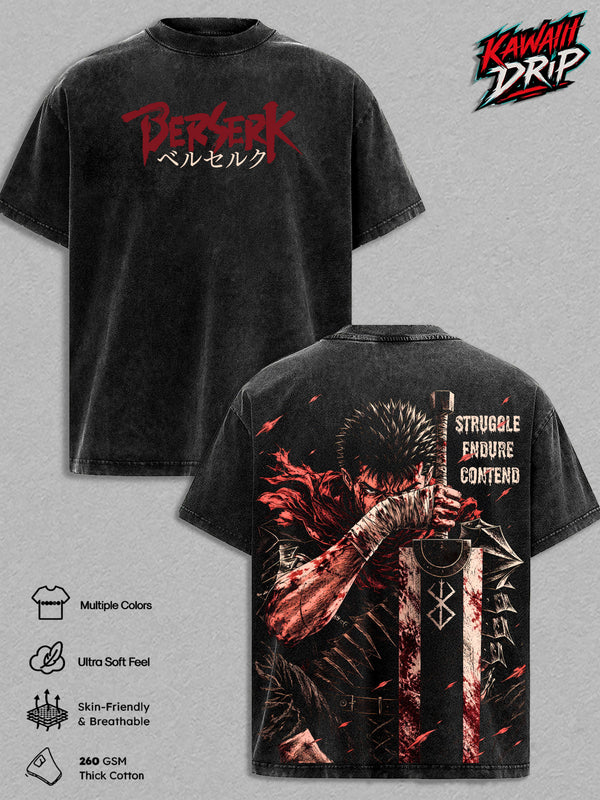 Guts Berserk Vintage Washed Graphic T Shirt - Heavyweight 260 GSM Cotton Tee, Oversized Anime Streetwear Shirt, Anime Casual Wear, Gift for Berserk Fans Men & Women