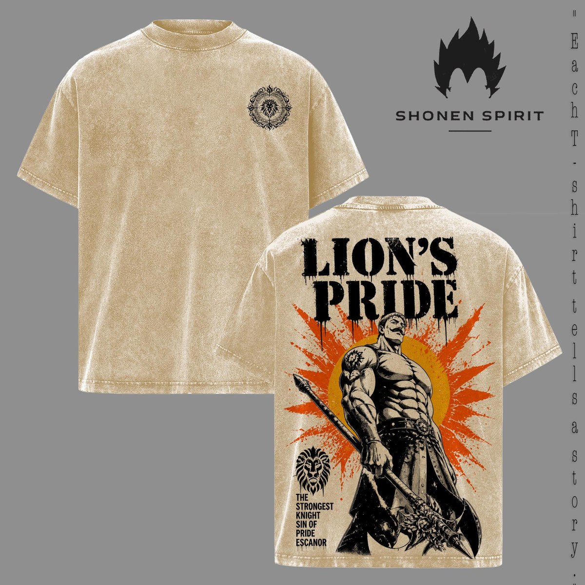 Escanor Lion's Pride Vintage Washed T-Shirt, The Seven Deadly Sins Anime Graphic Tee, Oversized Heavyweight Cotton Streetwear Shirt, Double-Sided Manga Fan Gift
