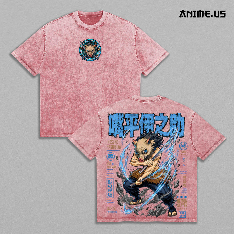 Inosuke Hashibira Demon Slayer Vintage Washed Gym T-Shirt, Beast Breathing Fifth Fang Double Sided Anime Graphic Tee, Oversized Heavyweight Cotton Boar Mask Manga Streetwear, Unisex Fan Gift