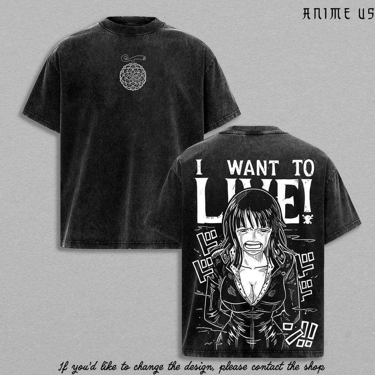 Nico Robin One Piece “I Want To Live” Vintage Washed Anime T-Shirt Scene Graphic Tee Streetwear Retro Shirt Heavy Cotton Gift for Anime Manga Fans