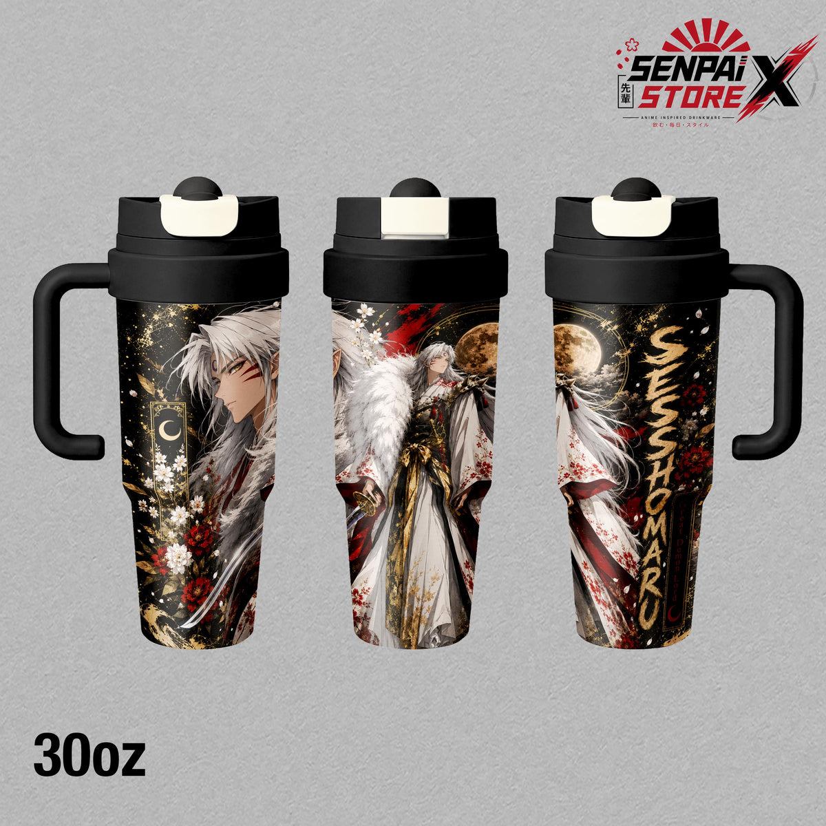 Sesshomaru Great Demon Lord - Inuyasha Anime - Moonlit White Fur Samurai Sword Floral Embossed Raised Art - 17oz 24oz 30oz Insulated Tumbler, Stainless Steel Water Bottle, Straw Cup, Handle Travel Mug