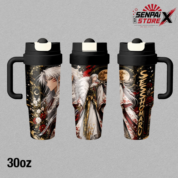 Sesshomaru Great Demon Lord - Inuyasha Anime - Moonlit White Fur Samurai Sword Floral Embossed Raised Art - 17oz 24oz 30oz Insulated Tumbler, Stainless Steel Water Bottle, Straw Cup, Handle Travel Mug