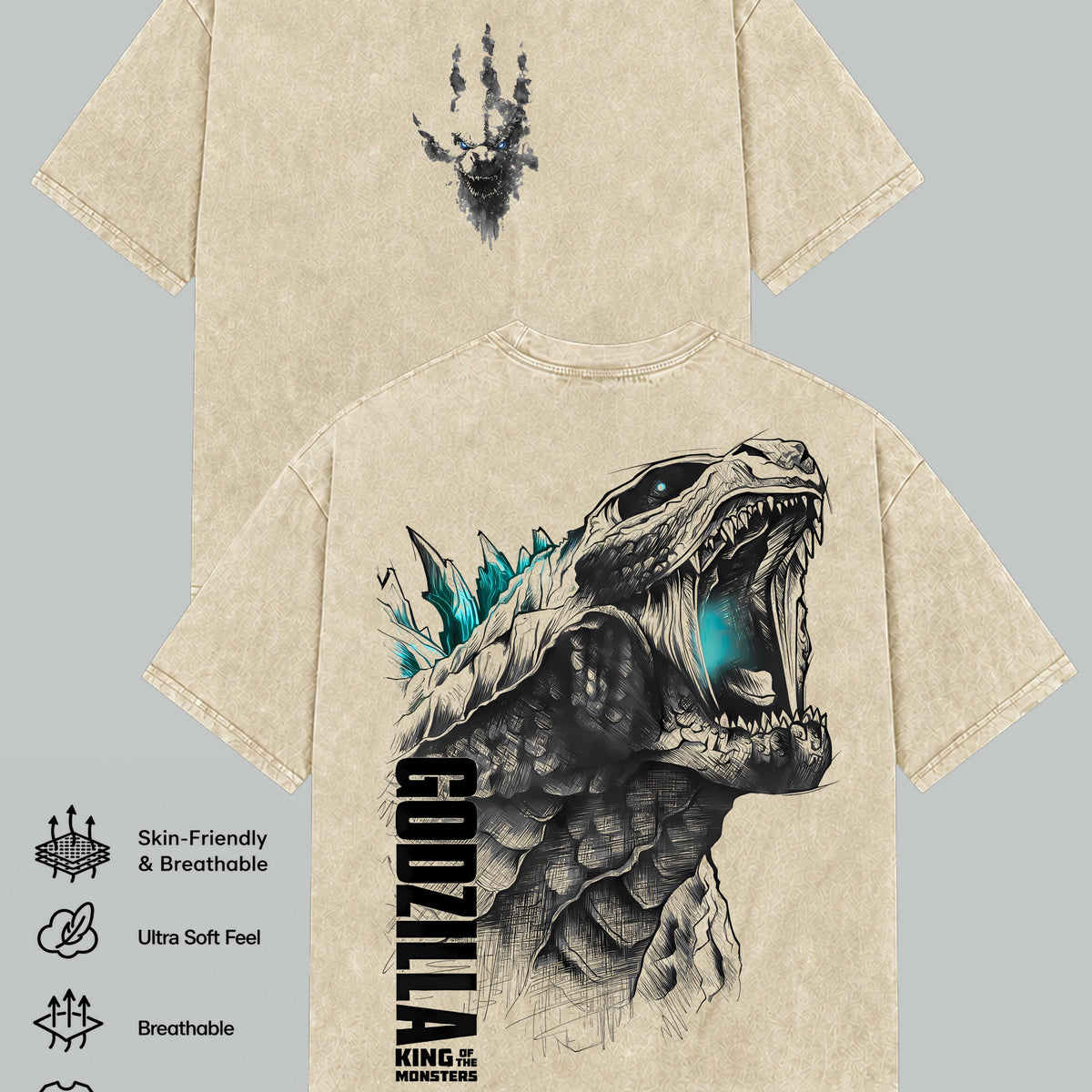 Godzilla Vintage Graphic T-Shirt, Kaiju Monster Movie Tee, Oversized Washed Heavyweight Cotton, Unisex Streetwear, Retro Kaiju Inspired, Short Sleeve, Seamless, Casual Top, Menswear, Gift for Movie Fans