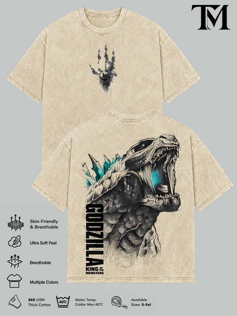 Godzilla Vintage Graphic T-Shirt, Kaiju Monster Movie Tee, Oversized Washed Heavyweight Cotton, Unisex Streetwear, Retro Kaiju Inspired, Short Sleeve, Seamless, Casual Top, Menswear, Gift for Movie Fans