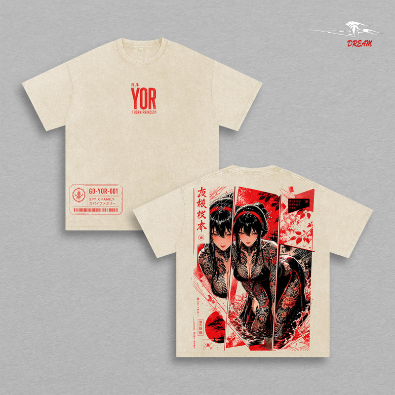 Yor Forger Spy x Family Tee – Yor Forger Vintage Washed T-Shirt | Thorn Princess | Japanese Irezumi Blackwork Tattoo | Dark Gothic Assassin Anime Graphic Tee | Heavy Cotton Unisex Oversized Streetwear Top