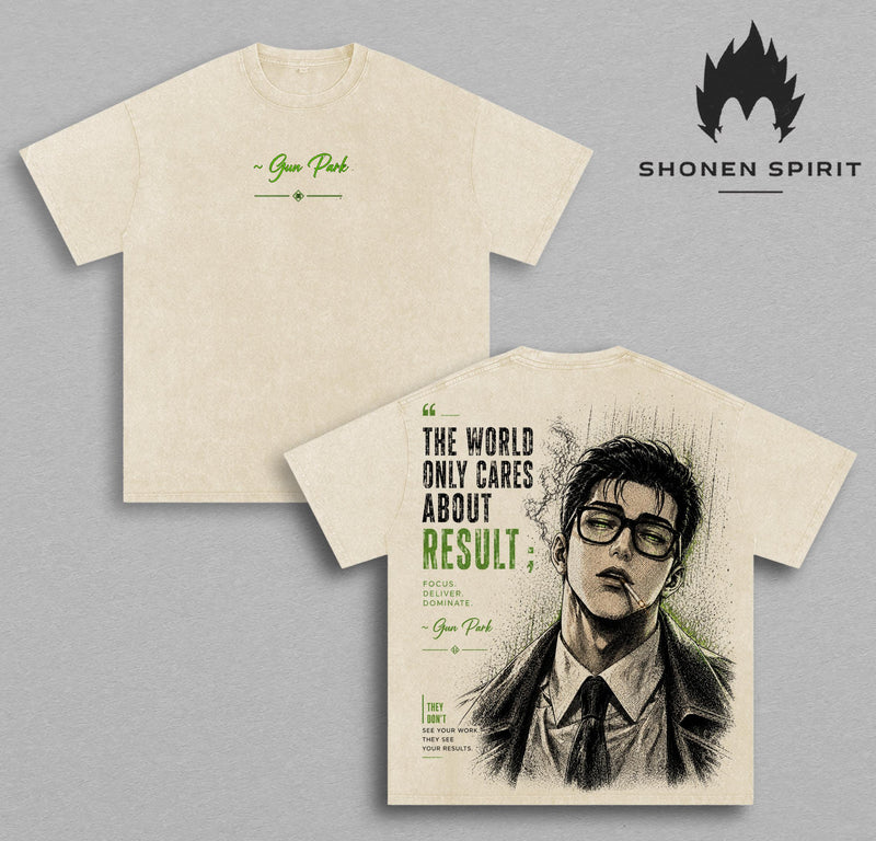 Gun Park Vintage Washed T-Shirt | Lookism Graphic Tee | The World Only Cares About Results Oversized Heavyweight Cotton Streetwear Shirt | Anime Manhwa Unisex Fan Gift