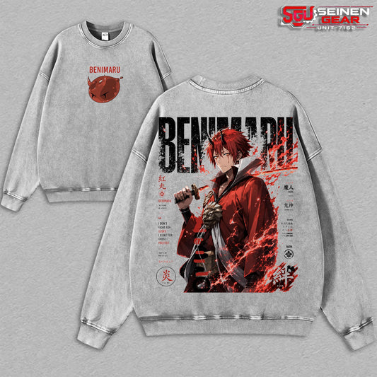 Benimaru Vintage Washed Oversized T-Shirt Hoodie Sweatshirt, That Time I Got Reincarnated as a Slime Anime Graphic Tee, Tensura Demon Warrior Streetwear, Heavyweight Cotton Unisex Shirt, Gift for Isekai Anime Fans