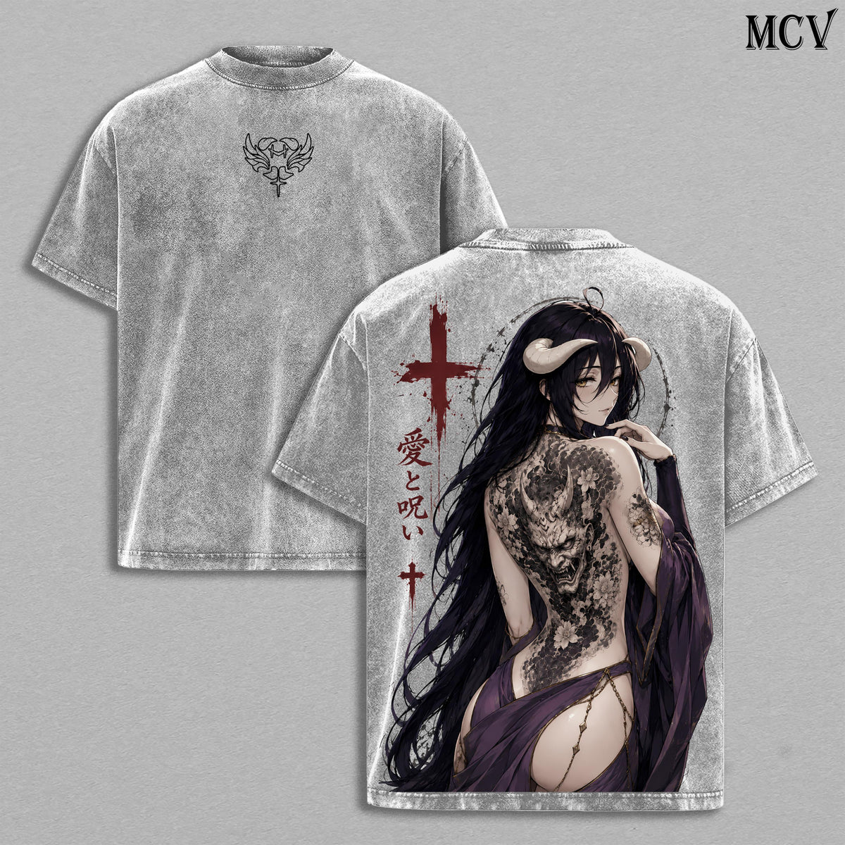 Albedo Overlord Vintage Washed Tee, Albedo Overlord Japanese Irezumi Gothic Blackwork Tattoo Art, Dark Fantasy Succubus Queen Anime Double Printed Washed Tee, Unisex Oversized Manga Heavyweight Cotton T-Shirt