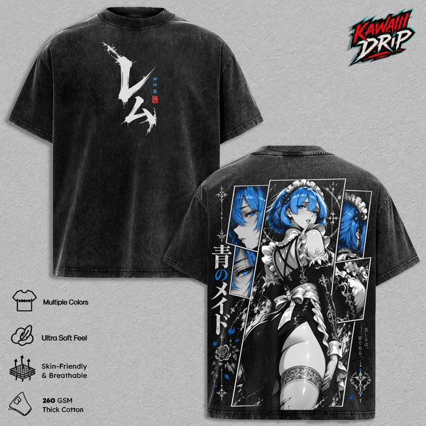 Rem Re Zero Vintage Washed T Shirt Anime Graphic Tee Re Zero Starting Life in Another World Oversized Streetwear Cotton Tshirt Classic Menswear Clothes Apparel Gift for Rem Fans Men & Women
