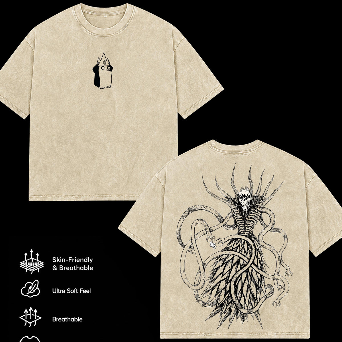 Adventure Time Gunter Orgalorg Vintage Washed Oversized T-Shirt, Cosmic Penguin Horror Graphic Tee, Heavyweight Cotton Cartoon Fantasy Streetwear, Unisex Adventure Time Fan Merch, Gift For Adventure Time Lovers
