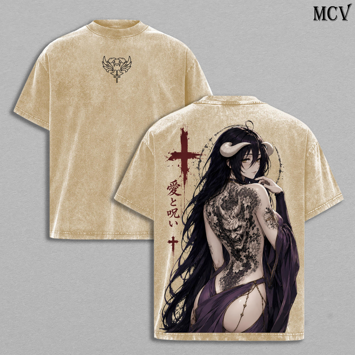 Albedo Overlord Vintage Washed Tee, Albedo Overlord Japanese Irezumi Gothic Blackwork Tattoo Art, Dark Fantasy Succubus Queen Anime Double Printed Washed Tee, Unisex Oversized Manga Heavyweight Cotton T-Shirt