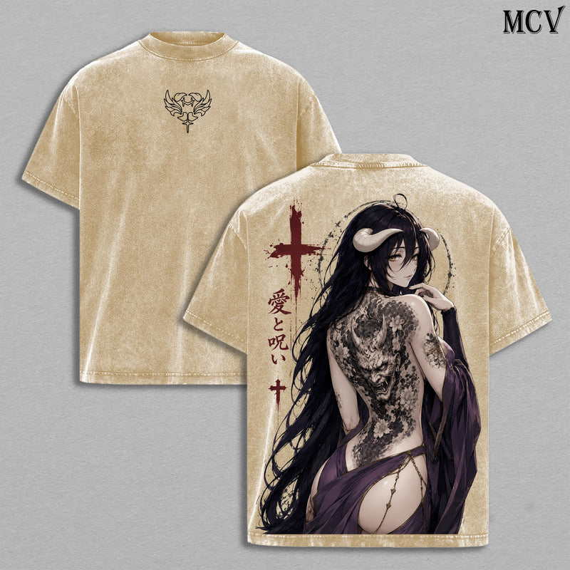 Albedo Overlord Vintage Washed Tee, Albedo Overlord Japanese Irezumi Gothic Blackwork Tattoo Art, Dark Fantasy Succubus Queen Anime Double Printed Washed Tee, Unisex Oversized Manga Heavyweight Cotton T-Shirt