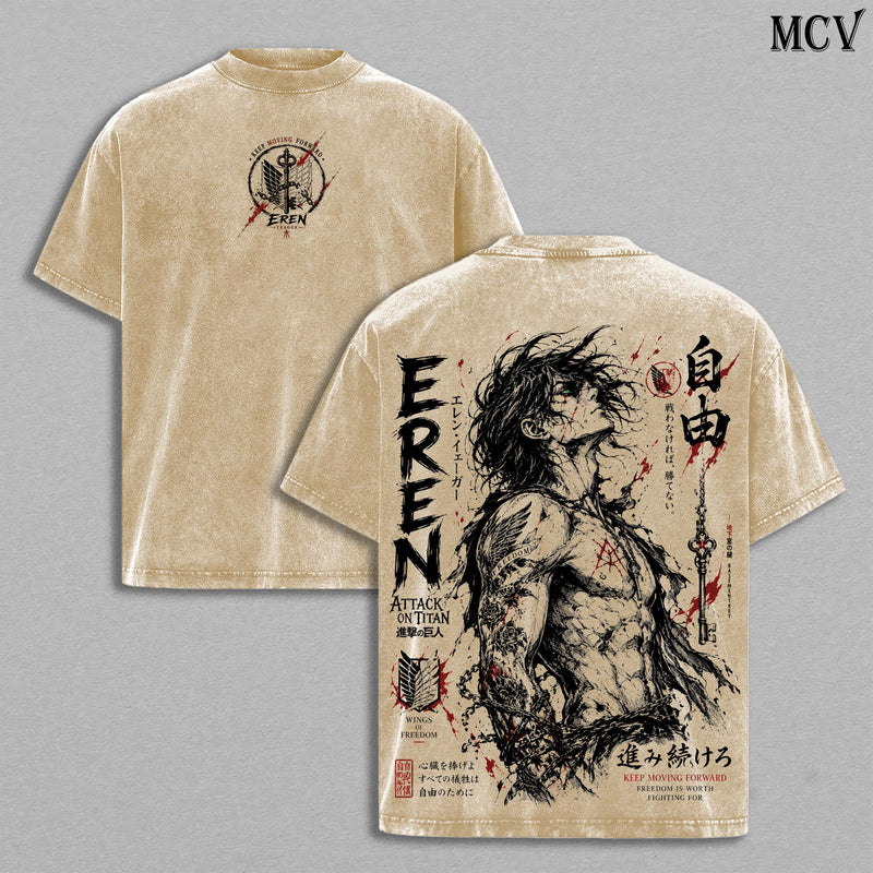 Eren Yeager Attack on Titan Vintage Washed Tee – Eren Yeager Gothic Tattoo Art T-Shirt | Japanese Irezumi Blackwork Graphic Tee | Heavy Cotton Unisex Oversized Streetwear Top | Founding Titan Anime Manga Graphic Tee